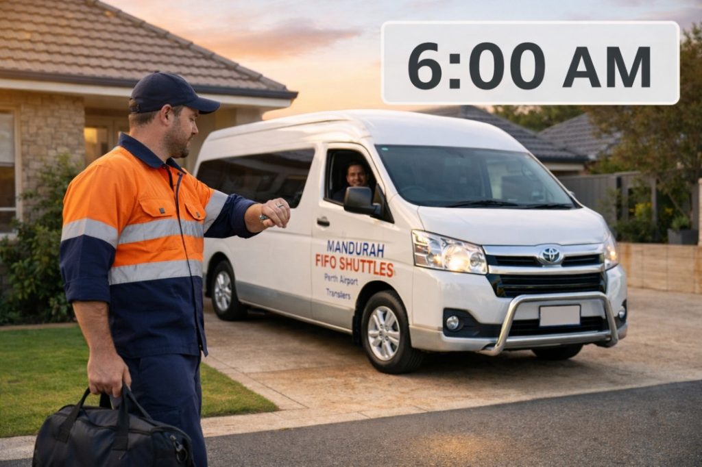 Mandurah FIFO shuttle arriving on time for Dawesville FIFO worker pickup