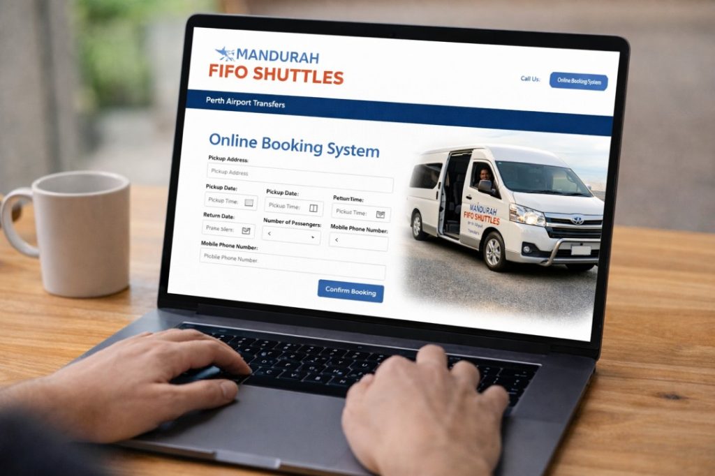 Mandurah FIFO Shuttles online booking system for Perth Airport transfers on laptop