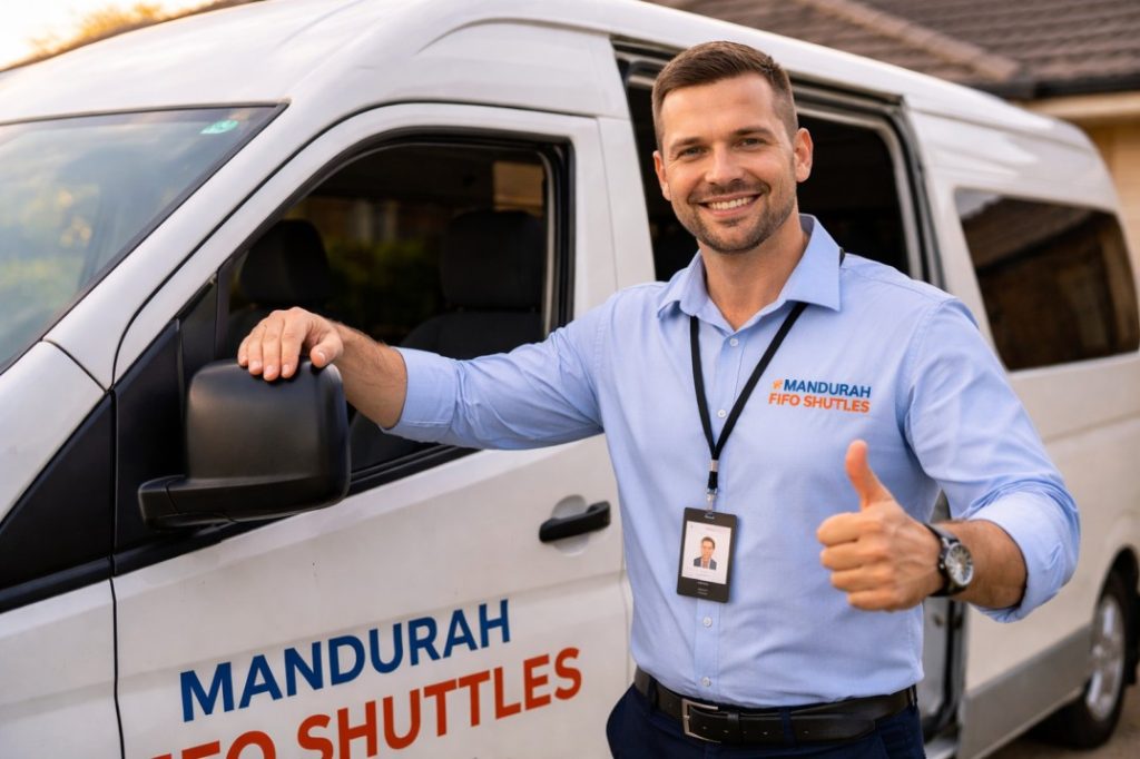 Professional Mandurah FIFO shuttle driver assisting passenger with luggage in Dawesville